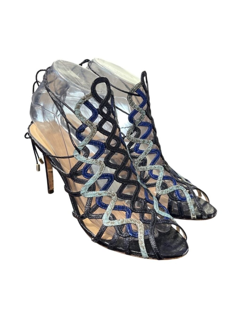 Alexandre Birman Women Size 38 / US 7.5 Heels Caged Lace-Up Snake-Embossed Blue